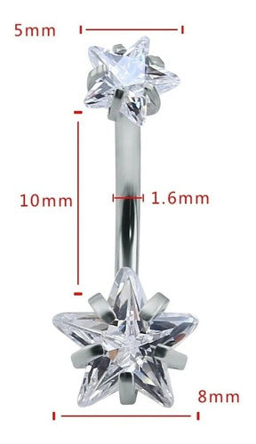 Piercing De Umbigo Prata 2 Estrela Aço Cirúrgico Zircônia