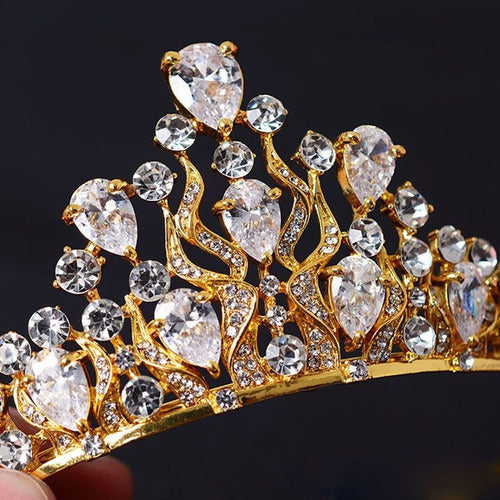 Coroa Tiara Cabelo Noiva Dourada Zirconia E Strass Princesa