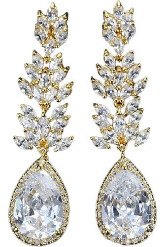 Brinco Noiva Zirconia Dourado Pendurado Festa Debutante Luxo