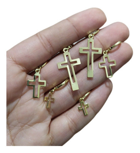 Trio Brinco Argola Com Pingente De Cruz Folheado Ouro 18k