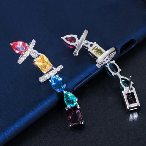 Par De Brinco Ear Cuff Zirconia Colorido Prata Rodio Festa
