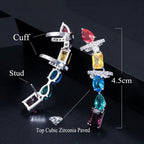 Par De Brinco Ear Cuff Zirconia Colorido Prata Rodio Festa