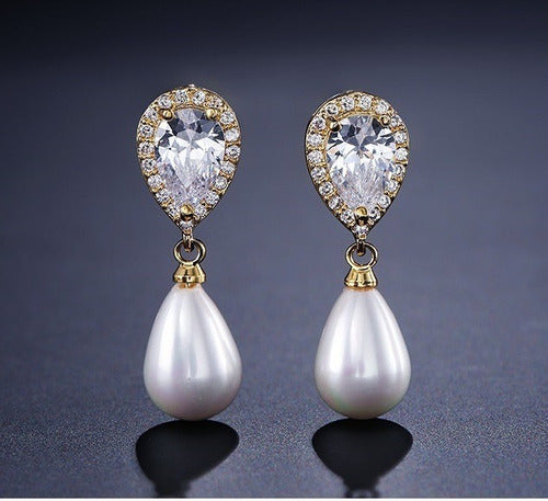 Brinco Noiva Zirconia E Pérola Dourado Delicado Luxo Barato