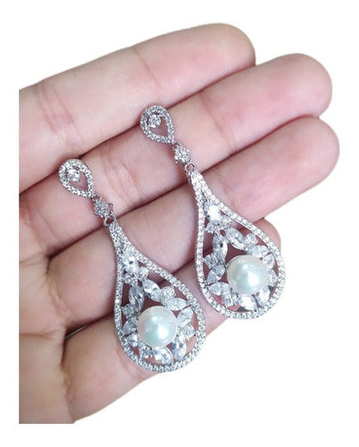 Brinco Noiva Zirconia E Perola Prata Festa Debutante Gota