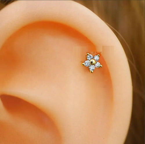 Piercing Orelha Cartilagem Helix Tragus Fl Ouro Mini Flor
