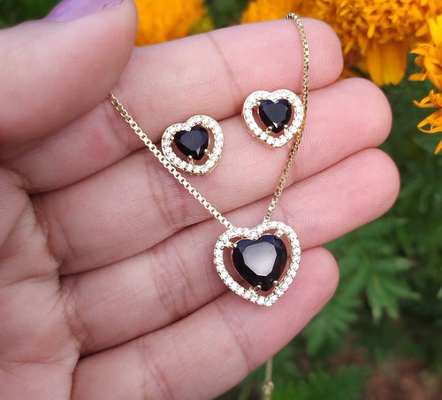 Conjunto Colar E Brinco Coração Pedra Zirconia Preto Verde