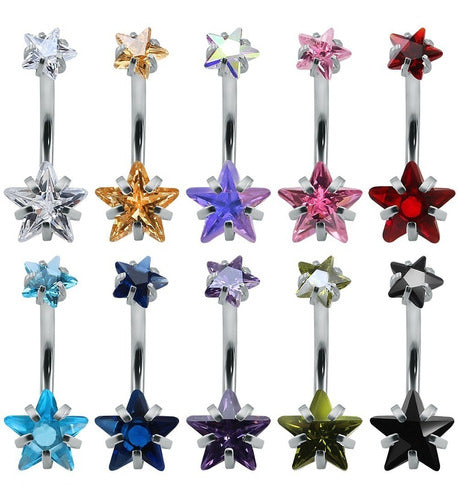 Piercing De Umbigo Prata 2 Estrela Aço Cirúrgico Zircônia