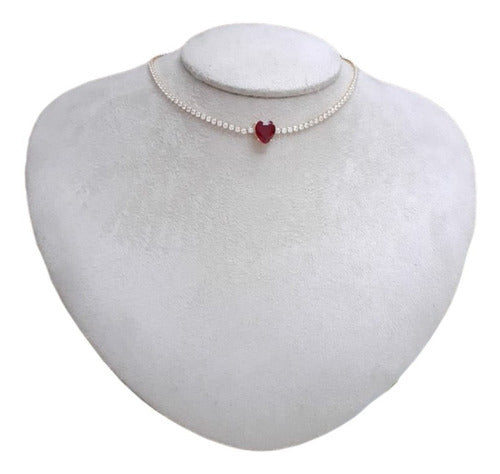 Colar Chocker Zirconia Coração Vermelho Preto Branco Riviera
