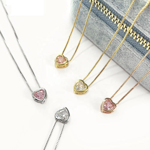 Colar Corrente Pedra Zirconia Coração Semijoia Dourado Prata