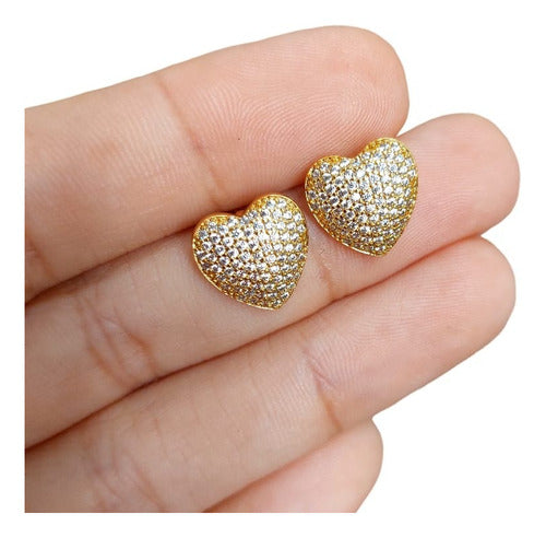 Brinco Pedra Zirconia Coração Dourado F. Ouro 18k Noiva Fest