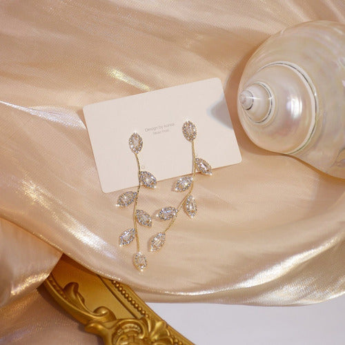 Brinco Noiva Pedra Zirconia Dourado Festa Debutante Folhas