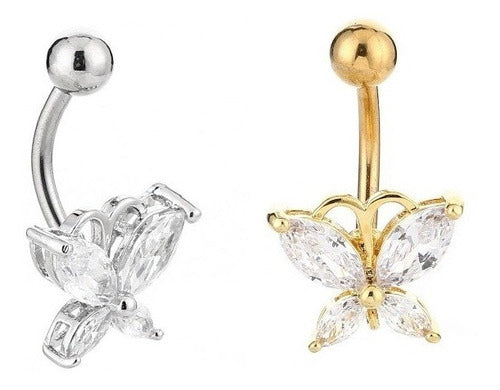 Piercing De Umbigo Dourado F. Ouro Zirconia Borboleta