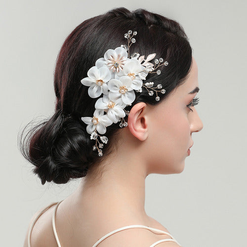 Arranjo Cabelo Noiva Dourado Stras Pérola Flor Tecido Branco