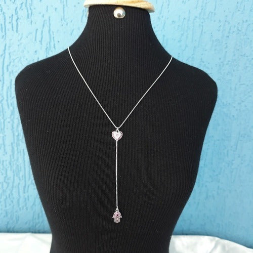 Colar Gravatinha Zirconia Prata Mão De Fátima Rubi Vermelho