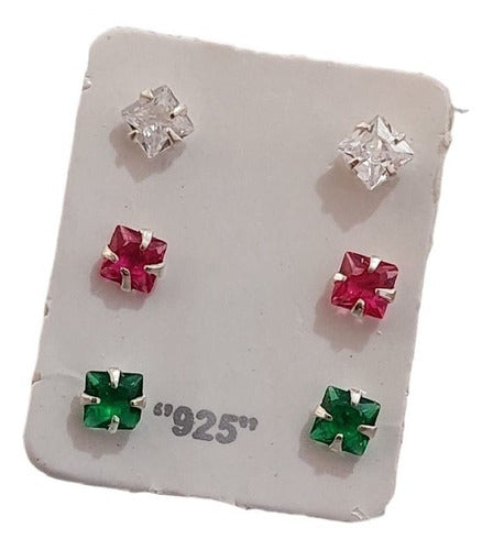 Trio Brinco Pedra Zirconia Ponto De Luz Prata 925 Colorido