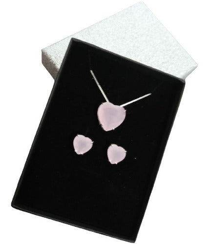 Conjunto Colar E Brinco Coração Pedra Rosa Leitosa F. Prata
