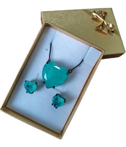 Conjunto Colar E Brinco Coração Pedra Zirconia Fusion Verde
