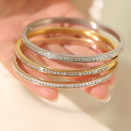 Pulseira Bracelete Prata Dourada Aço Inoxidável Zirconia