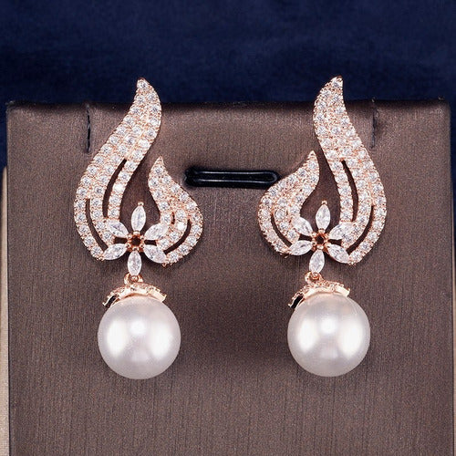 Brinco Noiva Zirconia Perola Pendurado Dourado Rosê Festa