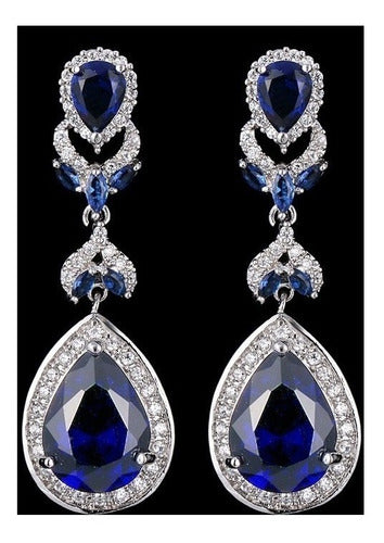 Brinco Noiva Pedra Zirconia Prata Azul Festa Luxo Debutante