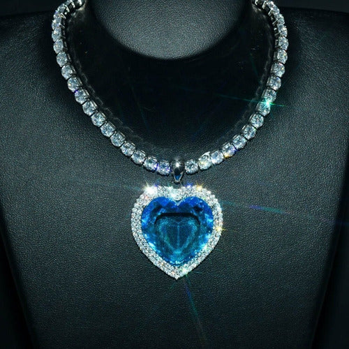 Colar Pedra Zirconia Coração Grande Titanic Verde Azul Luxo