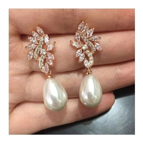 Brinco Pérola E Zirconia Noiva Pequeno Delicado Dourado Gota