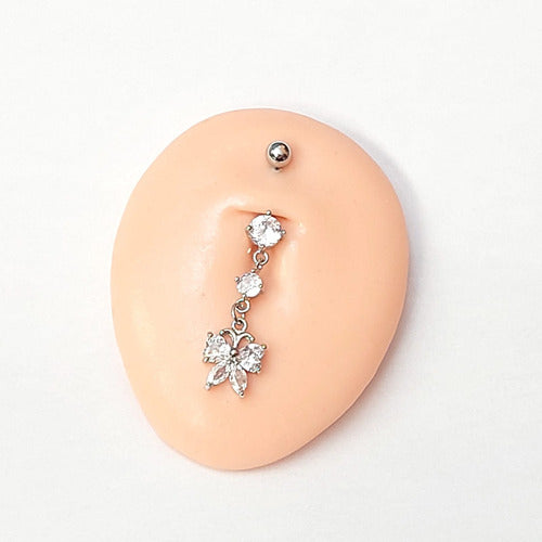 Piercing De Umbigo Pendurado Prata Borboleta Zirconia Aço