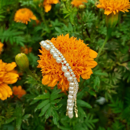 Pulseira Bracelete Dourada Zircônia E Pérola Noiva Debutante
