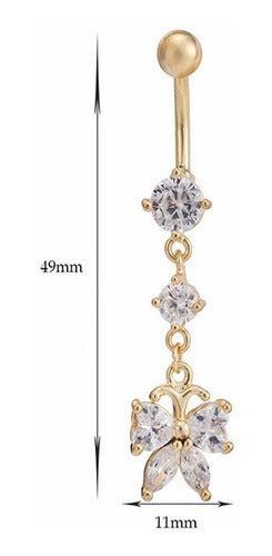Piercing De Umbigo Pendurado Dourado Borboleta Zirconia Aço