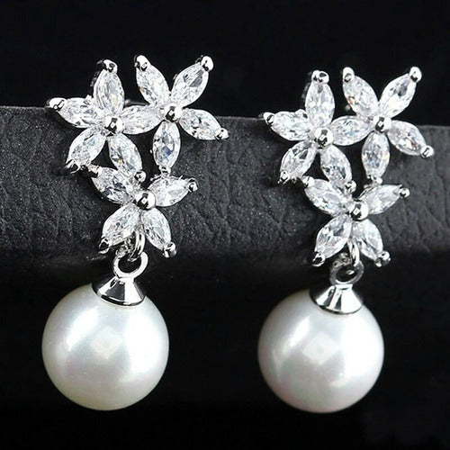 Brinco Noiva Zirconia E Pérola Prata Delicado Luxo