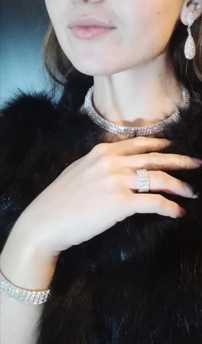 Conjunto Colar Chocker Pulseira Brinco Anel Noiva Strass