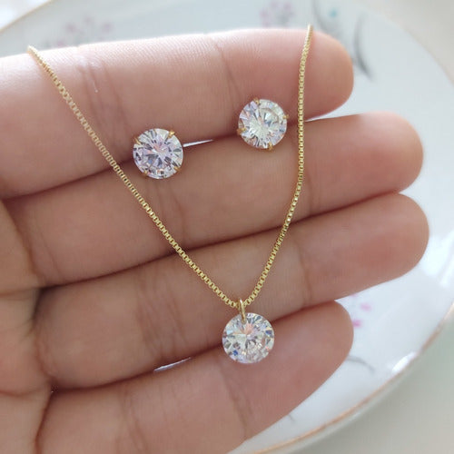 Conjunto Colar E Brinco Pedra Zirconia Ponto De Luz Banhado