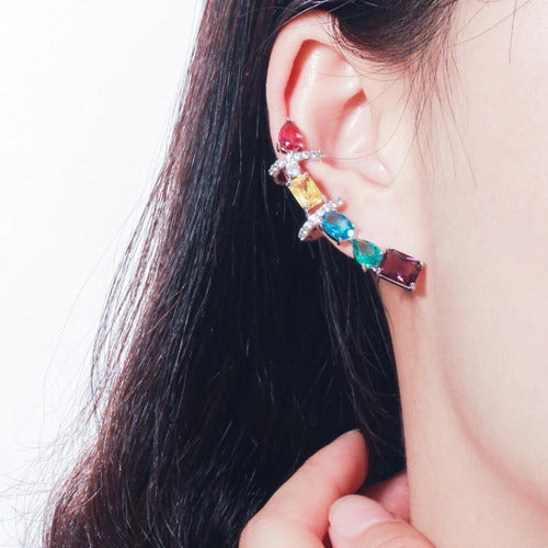 Par De Brinco Ear Cuff Zirconia Colorido Prata Rodio Festa