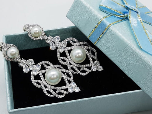 Brinco Noiva Zirconia Perola Pendurado Prata Festa Delicado