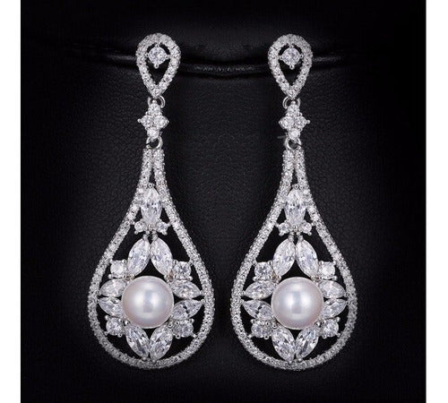 Brinco Noiva Zirconia E Perola Prata Festa Debutante Gota