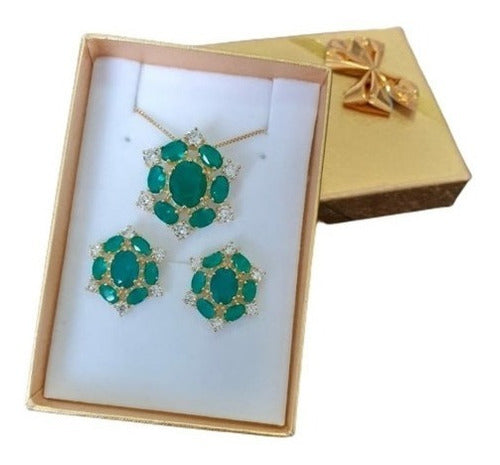 Conjunto Colar E Brinco Pedra Verde Zirconia Oval F Ouro 18k