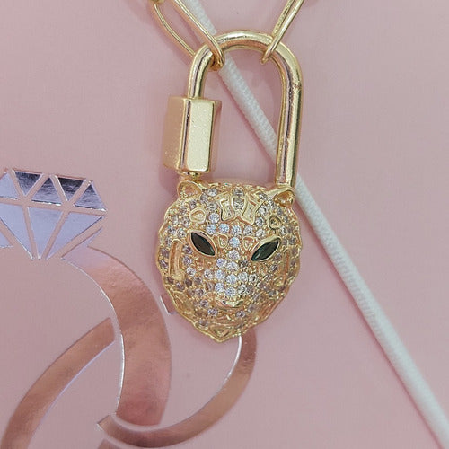 Colar Corrente Leopardo Mosquetão Pedra Zirconia Semi Joia