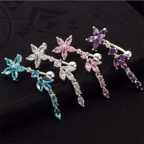 Piercing De Umbigo Prata Pendurado Flor Invertido Zirconia