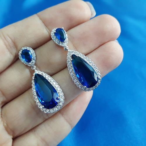 Brinco Pedra Zirconia Prata Festa Gota Azul Debutante Madrin