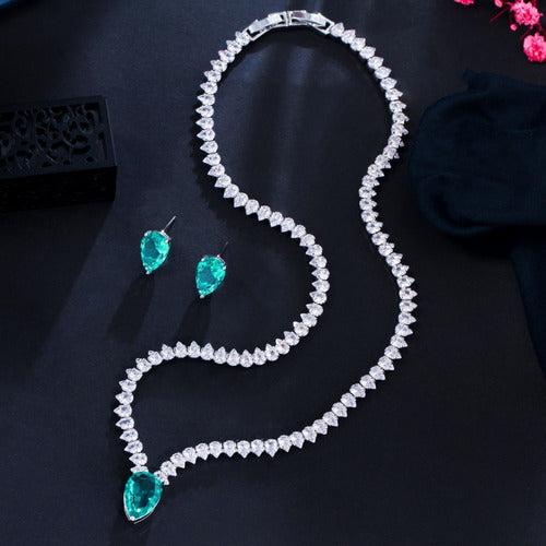 Conjunto Colar Chocker Riviera Gota E Brinco Zircônia Verde