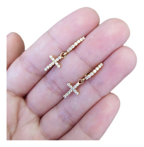 Brinco Argola Com Pedra De Zircônia Pingente Cruz F Ouro 18k