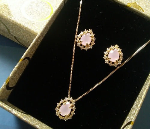 Conjunto Colar E Brinco Gota Pedra Rosê Zirconia F Ouro 18k