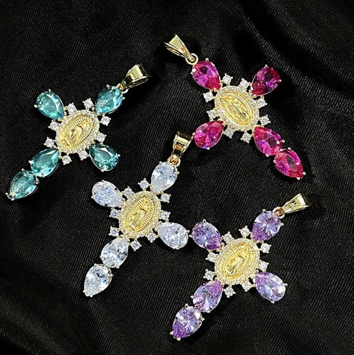 Colar Cruz Crucifixo Zirconia Vermelho Verde Azul F Ouro 18k