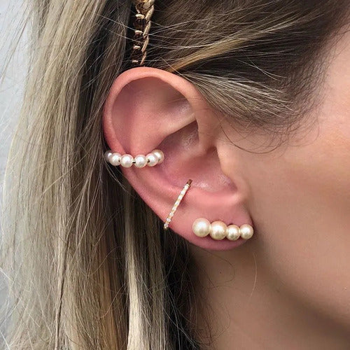 Piercing Argola Orelha Falso Fake Pérola Dourado