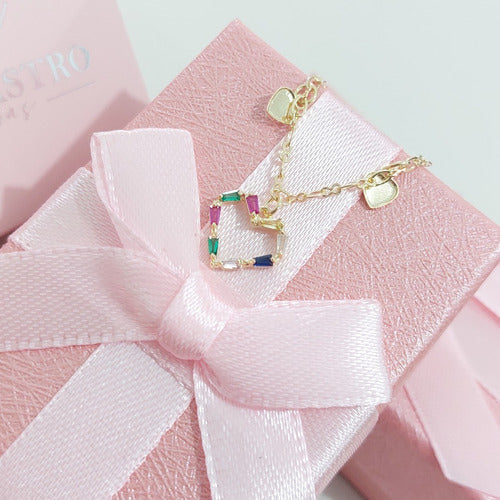 Pulseira Colorida F. Ouro 18k Com Zircônia Pingente Coração