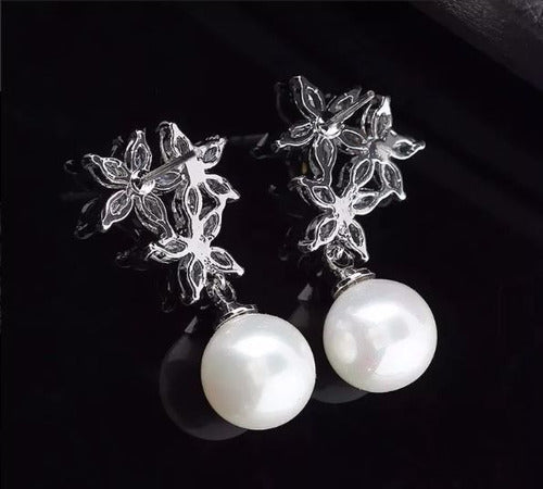 Brinco Noiva Zirconia E Pérola Prata Delicado Luxo