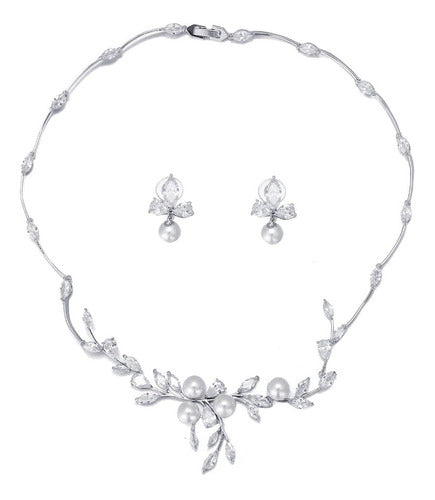 Colar E Brinco Noiva Zircônia E Pérola Prata Festa Debutante