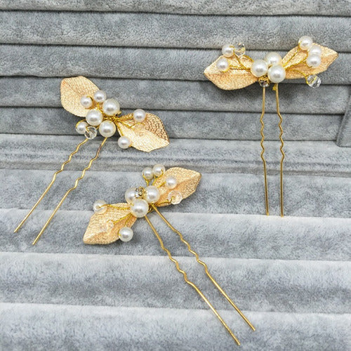 6 Arranjos Enfeite Aplique Dourado Cabelo Noiva Perola Dama