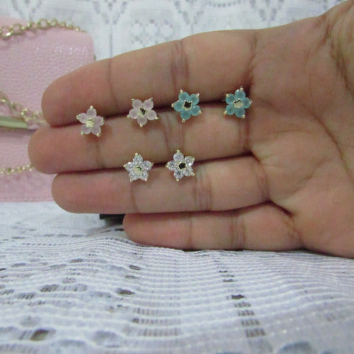 Brinco Flor Zirconia Pequeno Dourado Prata Rosa Verde F Ouro