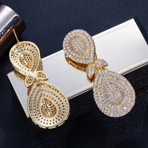 Brinco Noiva Zirconia Dourado Pendurado Festa Debutante Gota